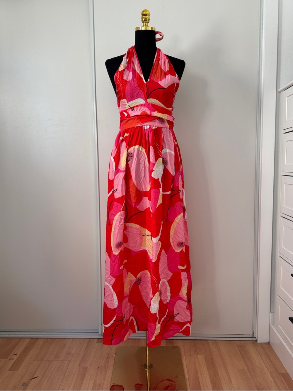 Halter Floral Maxi Dress in Red & Pink